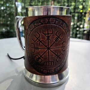NWOT Viking Vegvisir Leather-Wrapped Stainless Steel Tankard- Norse Mythology